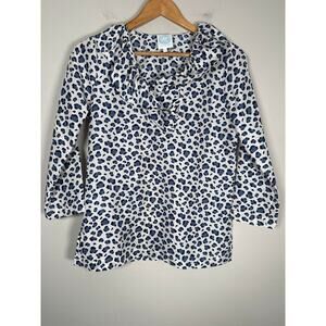 Devon‎ Baer Womens 100% Silk Leopard Print V Neck Ruffle Blouse 3/4 Sleeve XS